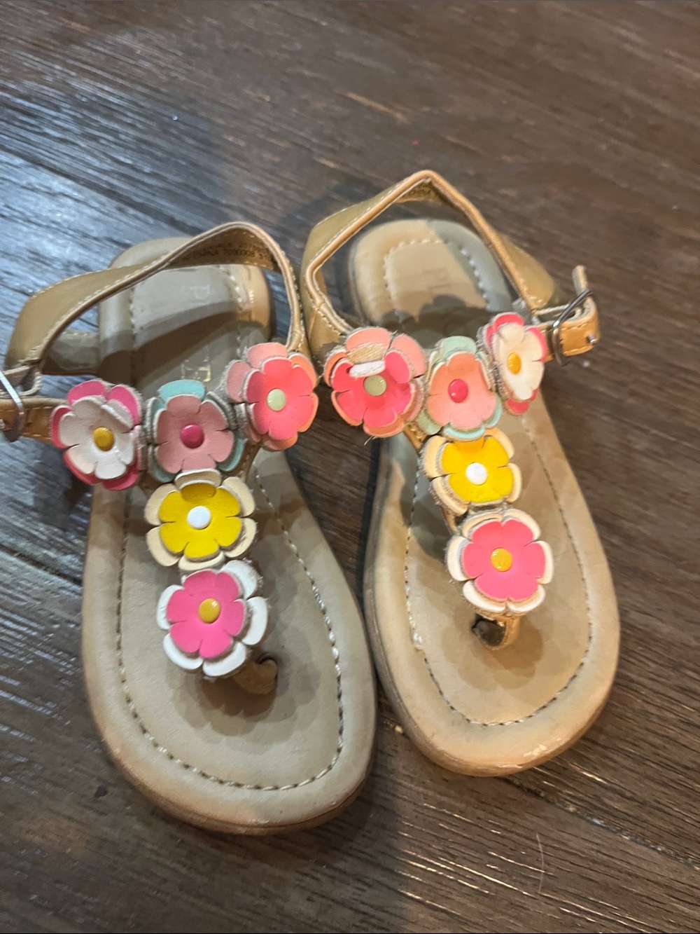The Children's Place Tan Sandals with Pink, Yellow and White Flower Accents